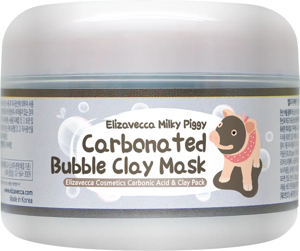 Frasco branco com rótulo da marca Elizavecca apresentando um produto de máscara de argila efervescente "Milky Piggy Carbonated Bubble Clay Mask", com ilustração de um porquinho rosa.