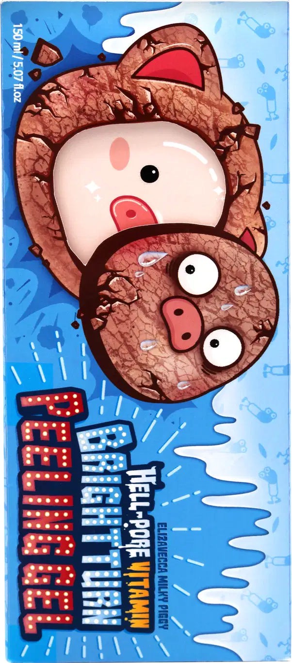 Embalagem de produto Elizavecca com ilustração de porquinho fofo, em tons de marrom e rosa, sobre fundo azul com detalhes aquáticos. Texto "Hei-pore water max pack" e "Elizavecca" visíveis.