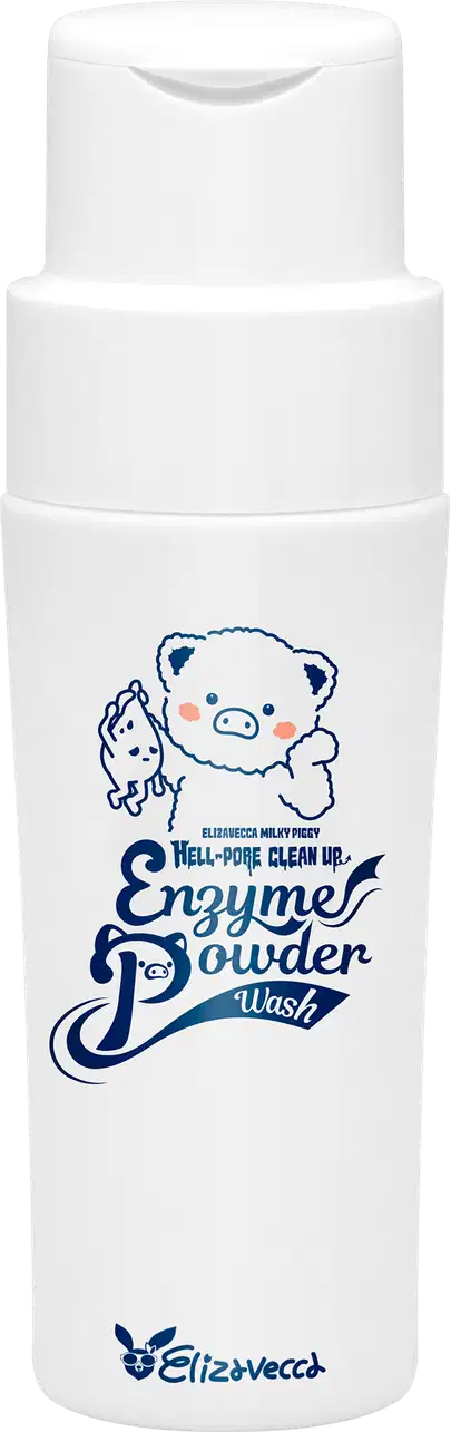 Frasco branco de produto de limpeza facial em pó da marca Elizavecca, com ilustração de personagem fofo e texto em azul descrevendo o produto como "Well-done clean up" e "Enzyme powder wash".