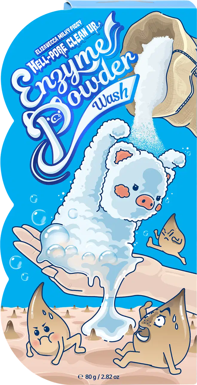 Embalagem azul com ilustrações de animais e texto "Enzymes powder wash" indicando um produto de limpeza em pó da marca Elizavecca.