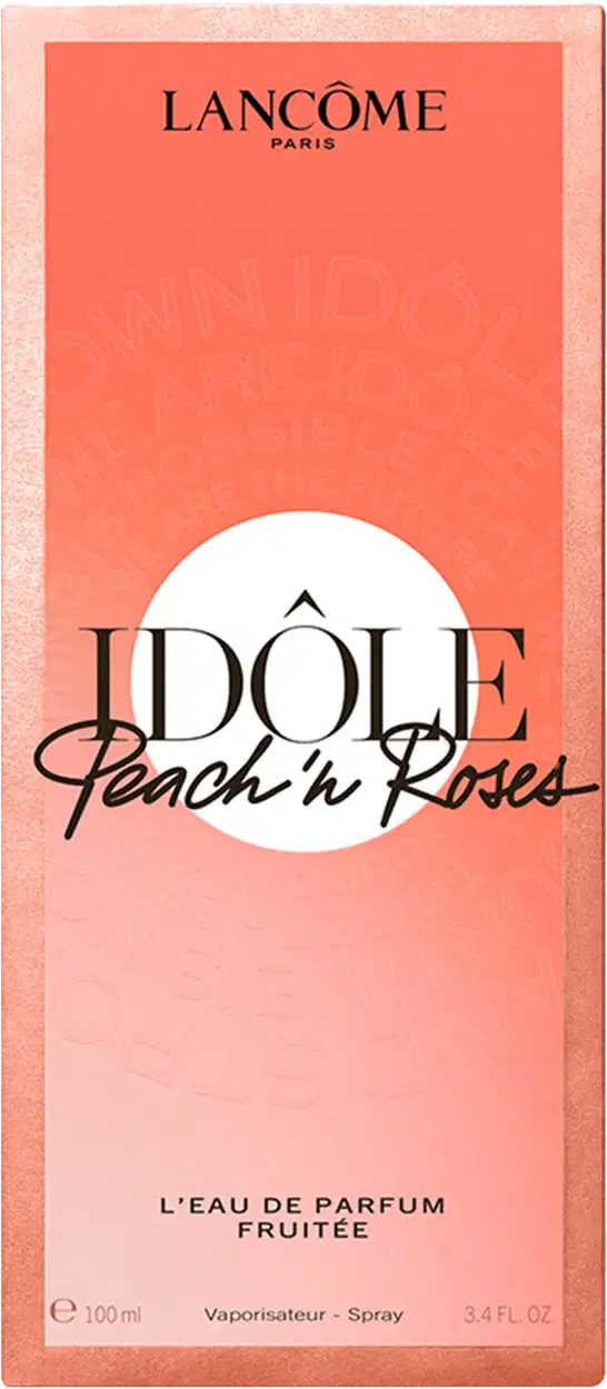 Formato de caixa retangular de cor laranja, com texto "Idole Peach'n Roses" em preto e branco.