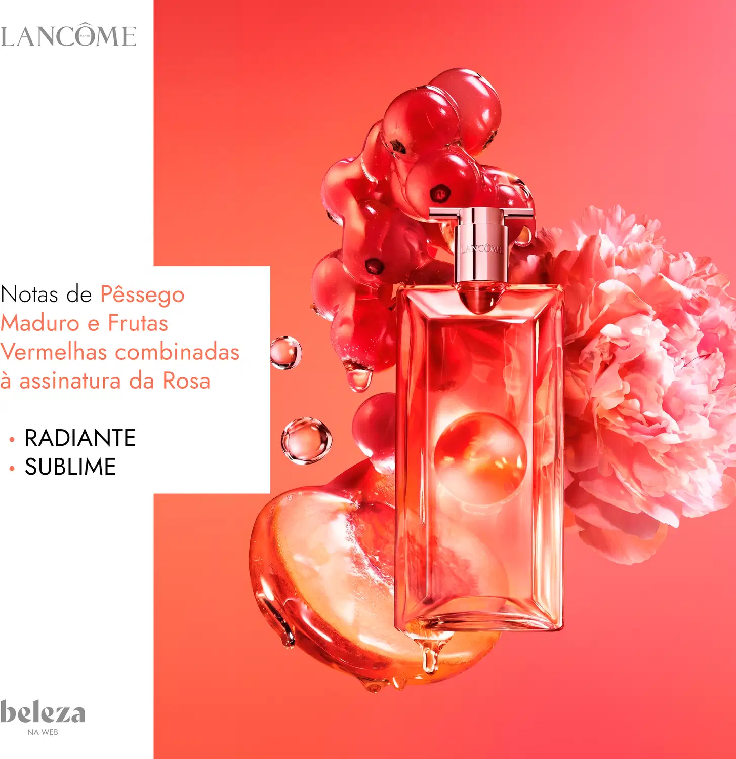 Frasco de perfume da marca Lancôme, com formato retangular e tampa rosada, em cor laranja vibrante.