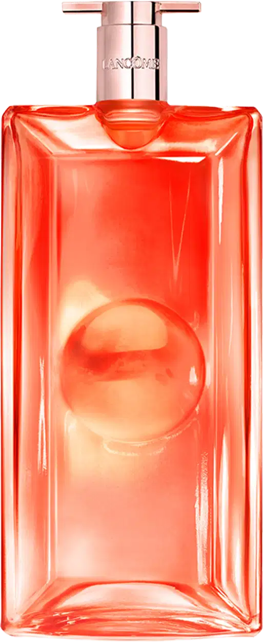 Frasco de perfume da marca Lancôme, com formato retangular e tampa rosada, em cor laranja vibrante.