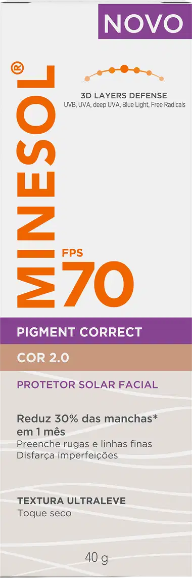 Caixa branca e laranja do protetor solar facial Minesol FPS 70 Pigment Correct cor 2.0, com textura ultraleve e promessa de reduzir 30% das manchas em 1 mês.