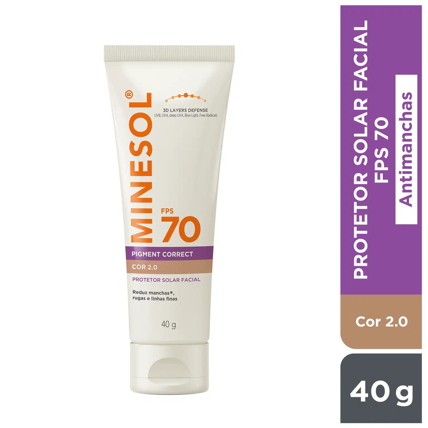 Protetor solar facial da marca NeoSol, com FPS 70 e cor 2.0, em embalagem de 40g. O produto é indicado para reduzir manchas, rugas e linhas finas na pele.