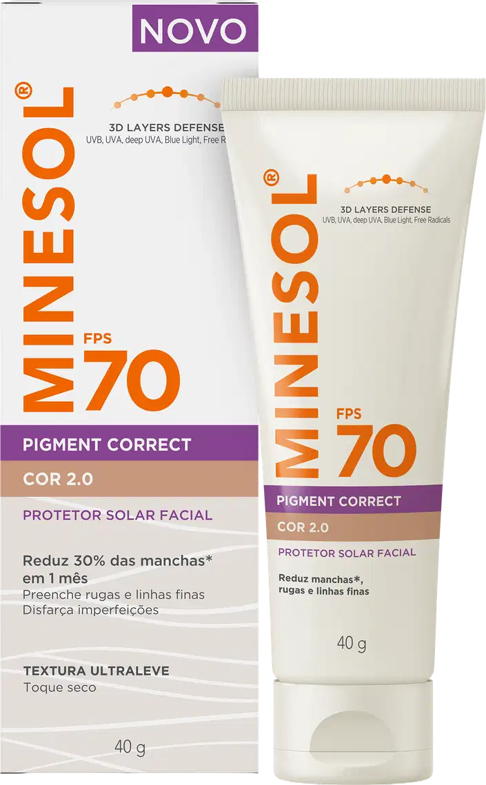 Protetor solar facial MineSol FPS 70 Pigment Correct Cor 2.0 em embalagem de tubo branco e laranja, com rótulo indicando propriedades de correção de pigmentação e textura ultraleve.