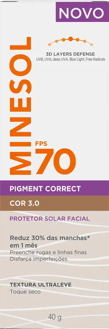 Caixa branca e laranja com rótulo "MINESOL NOVO FPS 70 PIGMENT CORRECT COR 3.0" e informações sobre protetor solar facial com textura ultraleve.