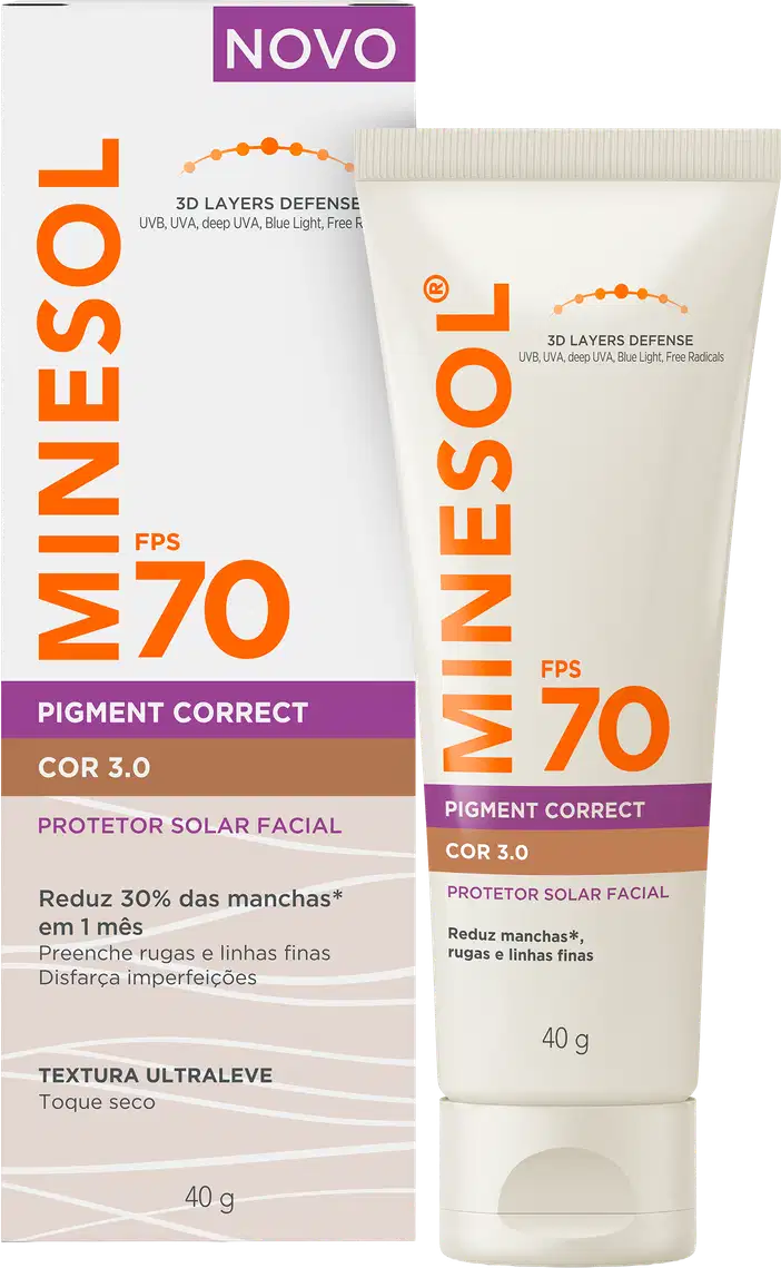 O produto de beleza apresentado é um protetor solar facial da linha Minesol, com FPS 70 e fórmula Pigment Correct COR 3.0. A embalagem é um tubo branco e laranja, com rótulo destacando as propriedades de redução de manchas e linhas finas em 1 mês.