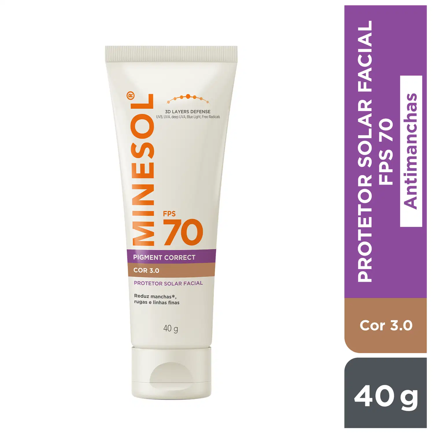 Protetor solar facial NeoSol FPS 70 Pigment Correct, cor 3.0, em embalagem de 40g. O produto apresenta textura cremosa e rótulo com informações sobre sua função de reduzir manchas, rugas e linhas finas.