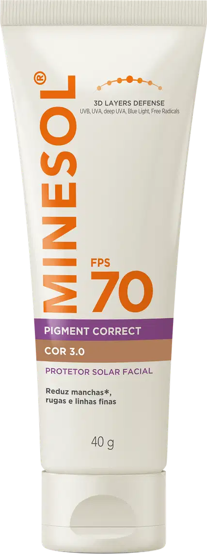 Protetor solar facial MineSol FPS 70 Pigment Correct Cor 3.0 em embalagem de tubo branco e laranja, com rótulo indicando propriedades de correção de pigmentação e textura ultraleve.