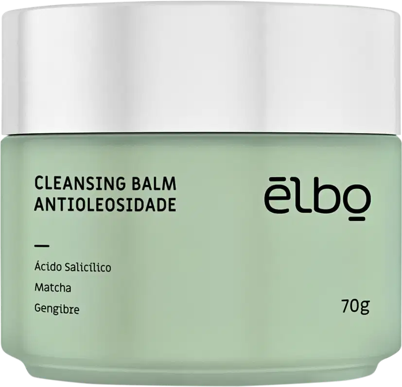 Frasco de limpeza facial Elbo, com 70g de produto, em embalagem branca e verde-clara, contendo rótulo com o nome "Cleansing Balm Antioleosidade" e ingredientes como ácido salicílico, matcha e gengibre.