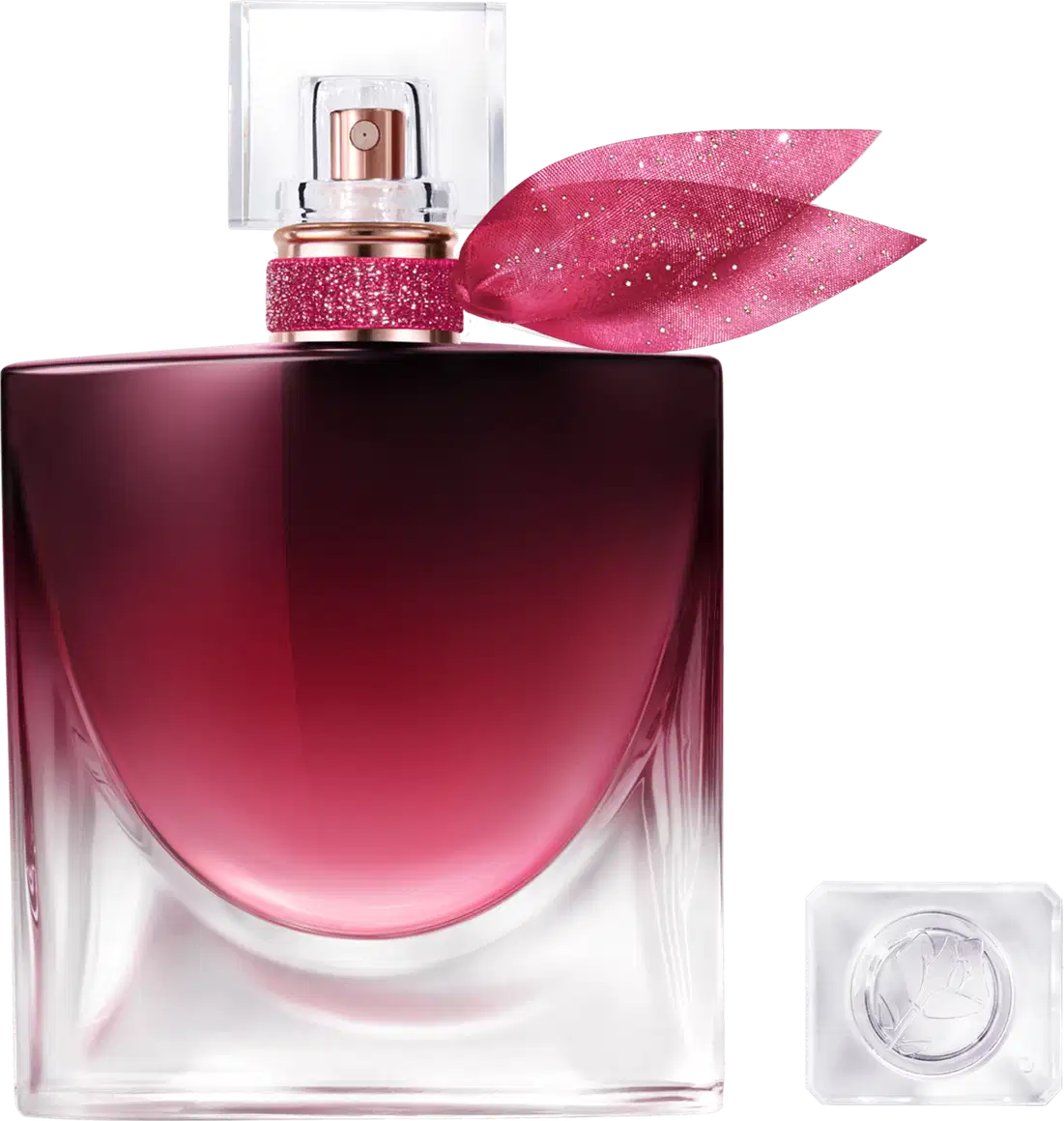 Frasco de perfume Lancôme com design elegante em tons de rosa e vermelho, com tampa decorada com elemento brilhante. Embalagem minimalista e sofisticada, com destaque para a cor e formato do recipiente.