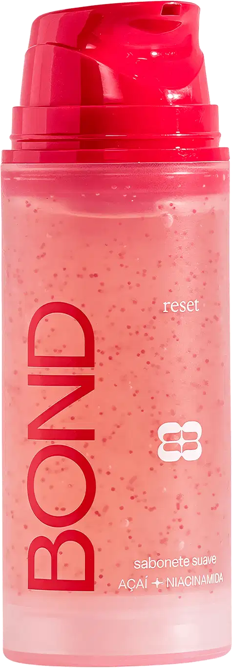 Frasco plástico rosa com tampa vermelha contendo sabonete líquido da marca Bond Rio com ingredientes de açaí e niacinamida, com texto "reset" visível no rótulo.