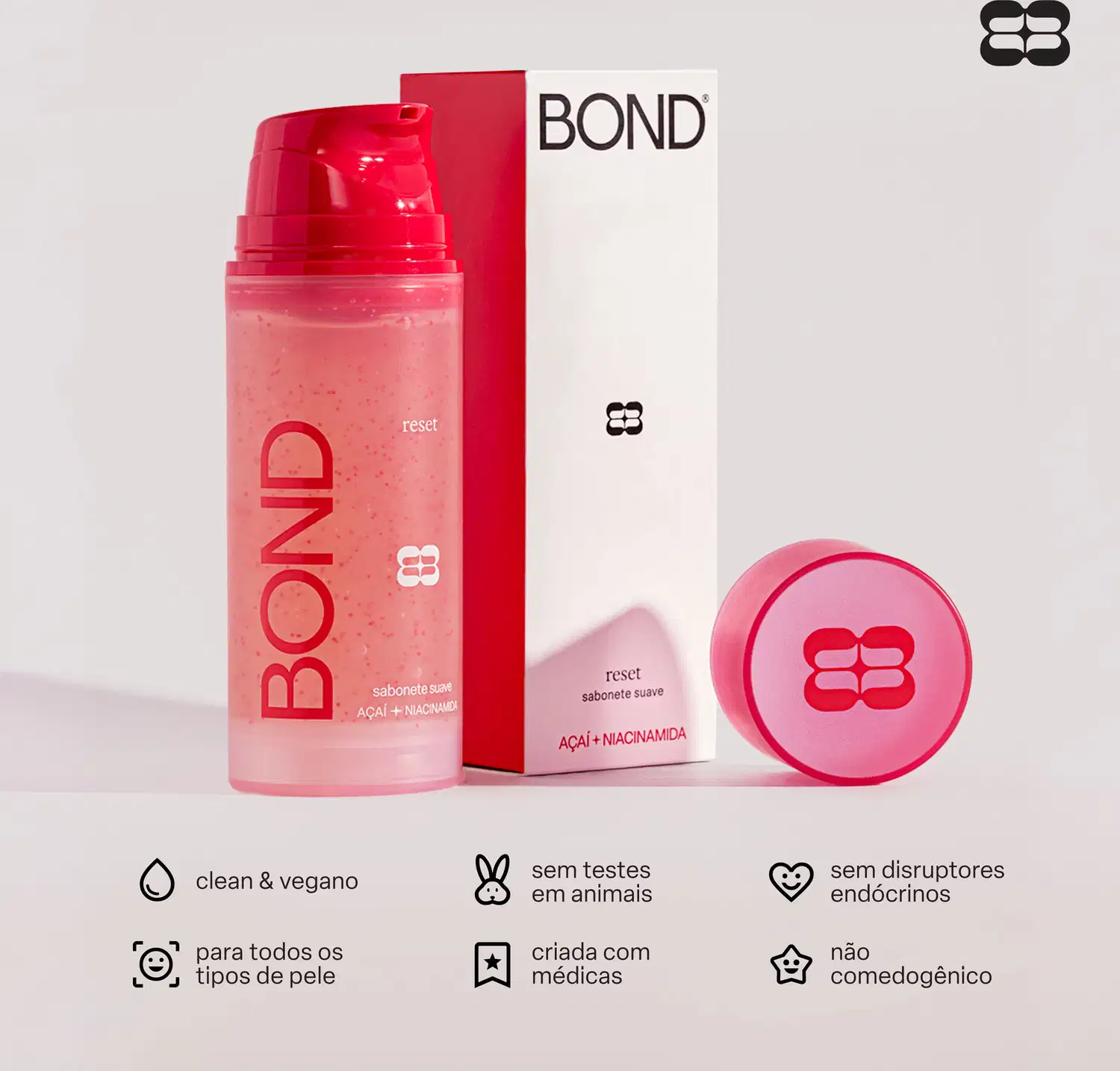 Embalagem vermelha e branca de item de perfumaria da marca Bond, com texto "reset sabonete suave" e "Acai + Niacinamida", além de ícones indicando ser produto vegano, sem testes em animais e sem disruptores endócrinos.