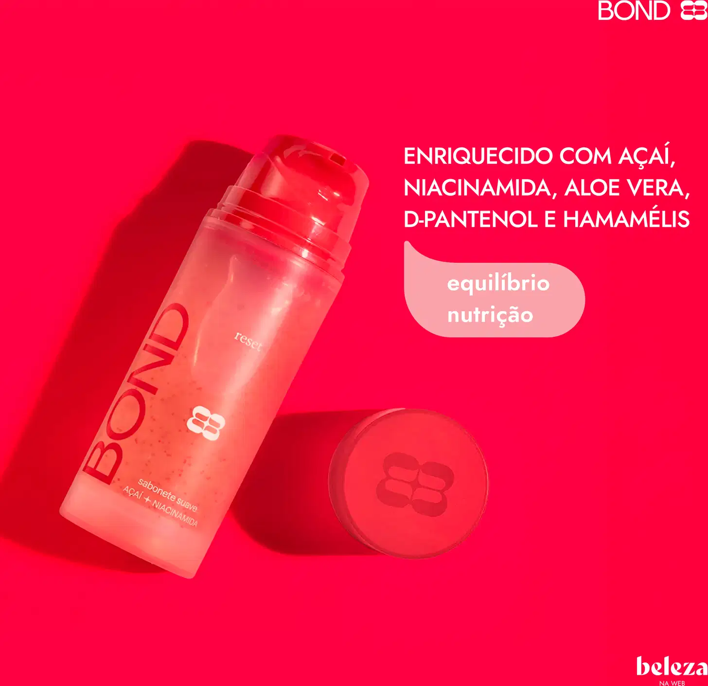 Sabonete líquido da marca Bond Rio com texto, "Enriquecido com açaí, niacinamida, aloe vera, D-pantenol e hamamelis" e informações sobre "equilíbrio e nutrição".
