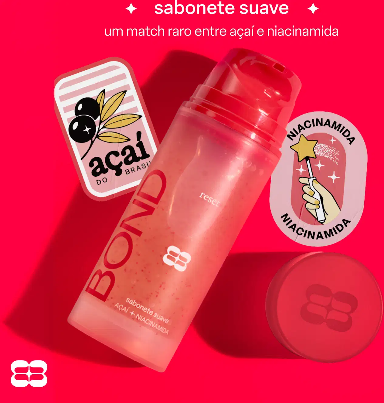 Sabonete suave com combinação rara de açaí e niacinamida, em embalagem com logotipo da marca Bond Rio e ilustrações de estrela e flor.