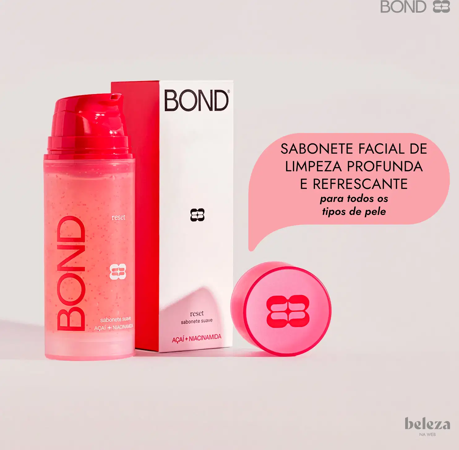 Embalagem vermelha da marca Bond Rio, contendo sabonete facial de limpeza profunda e refrescante para todos os tipos de pele.