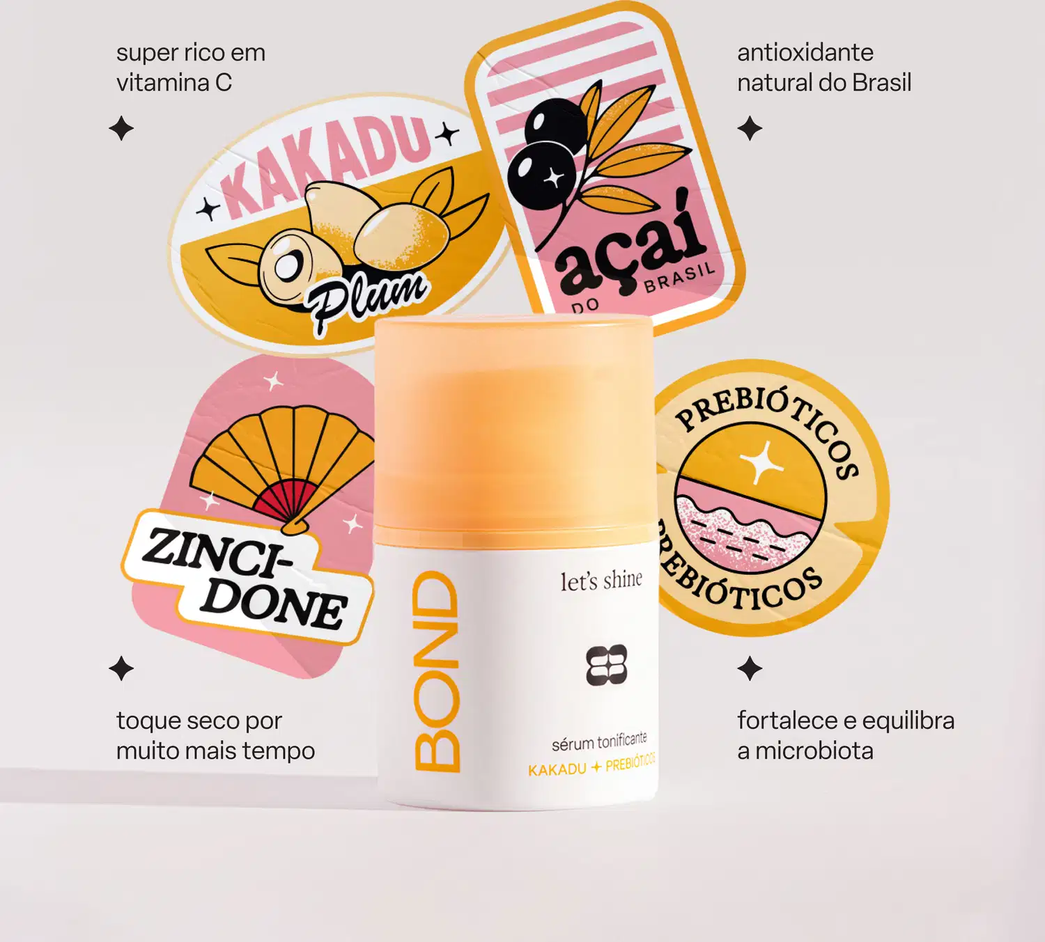 Embalagem de produto de perfumaria com ilustrações de frutas e símbolos, contendo os textos "Kakadu + Prebióticos", "Açaí do Brasil", "Prebióticos", "Zinc-Done" e "Bond".