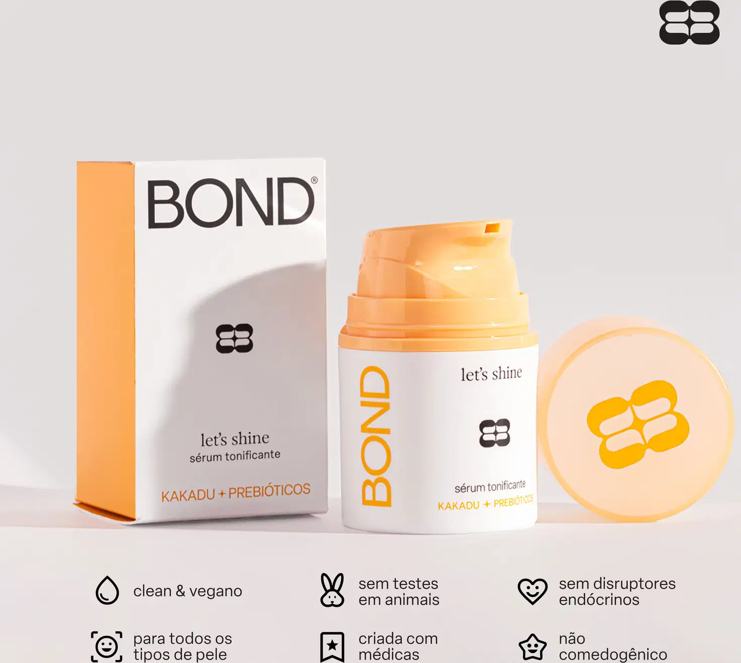 Embalagem laranja com texto "Bond" e "let's shine" em preto, contendo um item de perfumaria com fórmula à base de kakadu e prebióticos, sem testes em animais e não comedogênico.