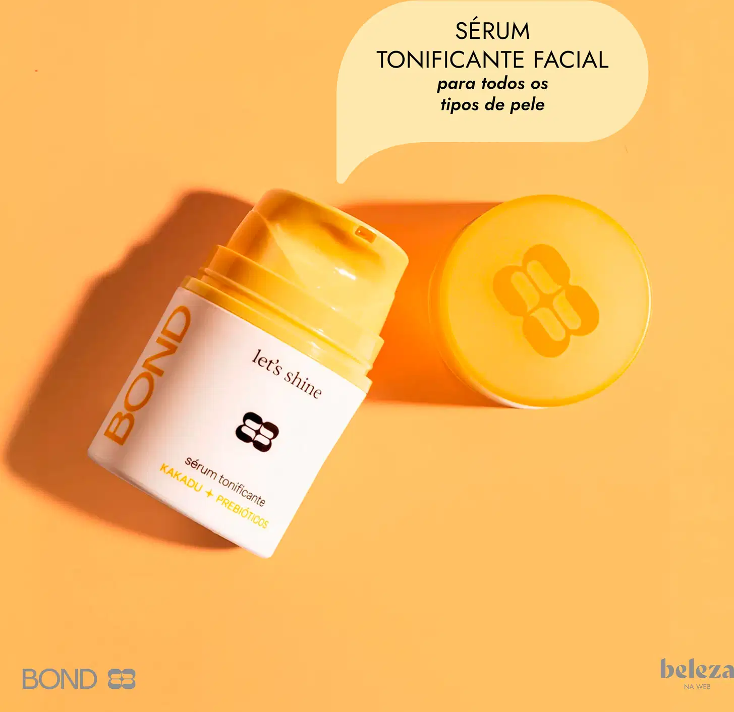 Frasco de sérum tonificante facial da marca Bond Rio para diferentes tipos de pele, com embalagem amarela e texto "Sérum tonificante facial para todos os tipos de pele".
