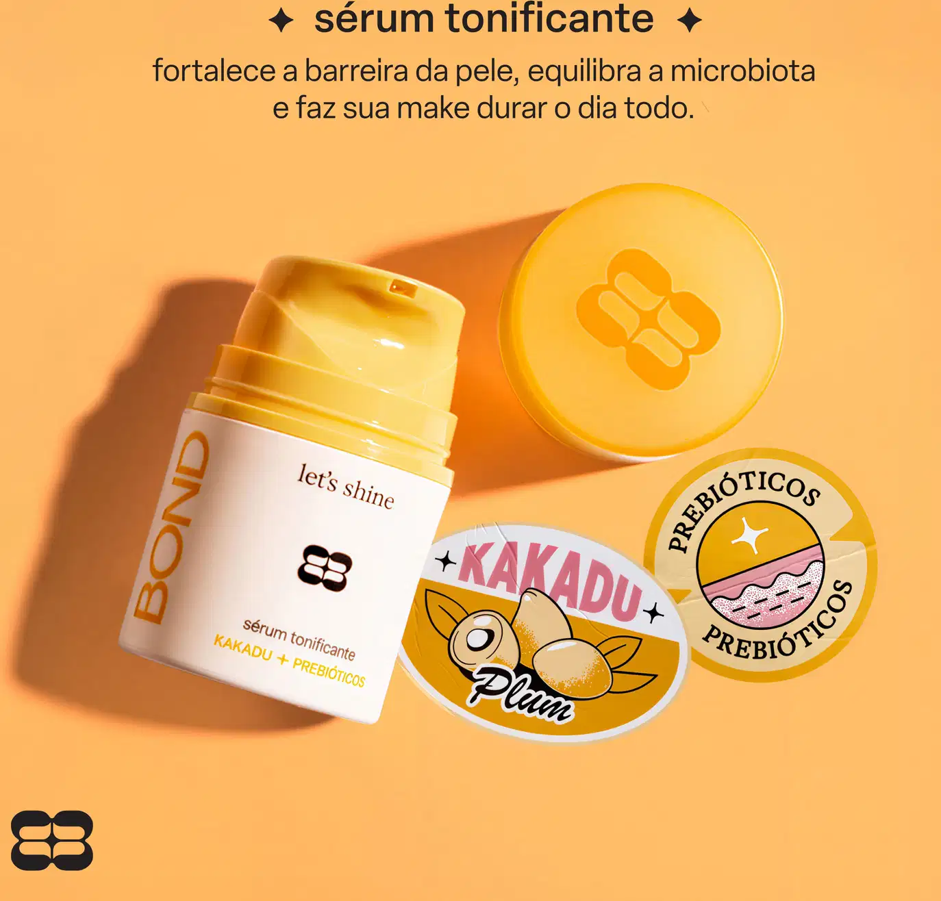 Sérum tonificante da marca Bond Rio que fortalece a barreira da pele, equilibra a microbiota e faz sua make durar o dia todo, com embalagem amarela e logotipo da marca.
