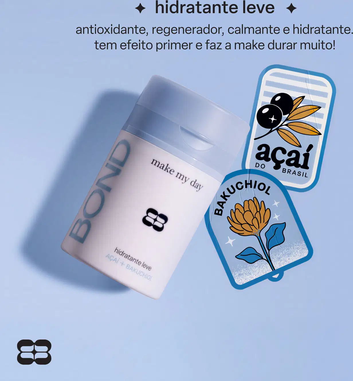 Frasco de creme hidratante da marca Bond Rio, com rótulo em fundo azul claro listrado e ilustrações de flores e frutos, apresentando texto "hidratante leve" e informações sobre seus benefícios.