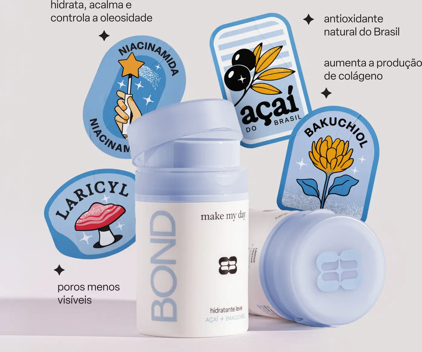 Embalagem e textos em português, incluindo "acai do brasil", "bakuchiol", "niacinamida" e "lariçyl". Recipiente branco com tampa e aplicador, com informações sobre hidratação, controle da oleosidade e aumento da produção de colágeno.