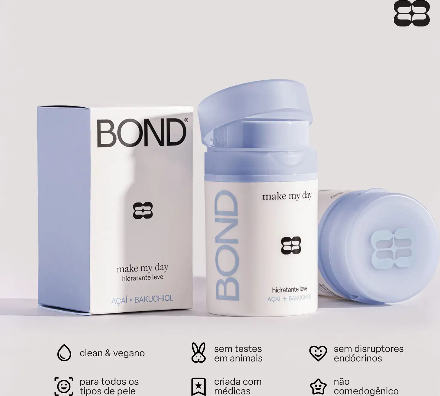 Embalagem e recipiente da marca Bond com texto "make my day" e "hidratante leve" em tons de azul.