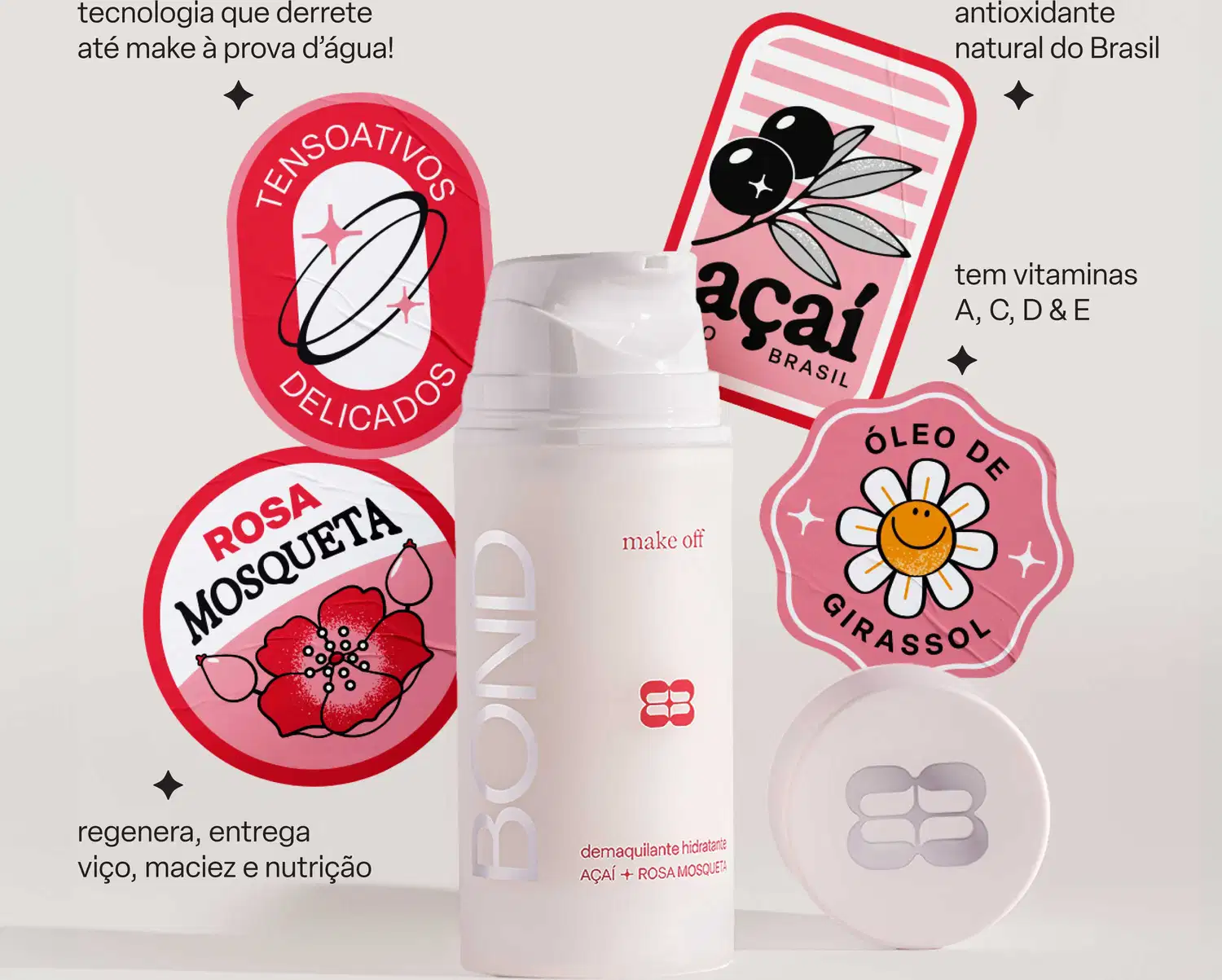 Embalagem de item de perfumaria com logotipos e informações sobre ingredientes naturais, vitaminas e propriedades antioxidantes do produto da marca Açaí Brasil.