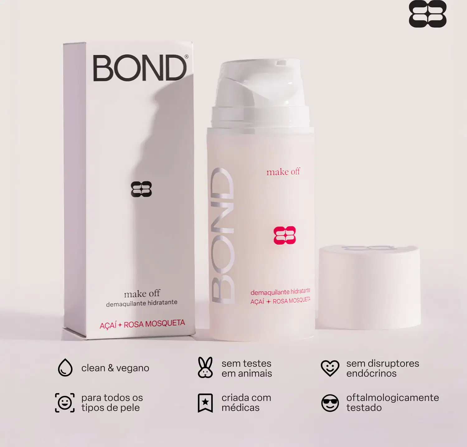 Embalagem da marca Bond Rio, com texto "make off demaquilante hidratante Açaí + Rosa Mosqueta" e ícones indicando ser produto limpo, vegano, sem disruptores endócrinos e oftalmologicamente testado.