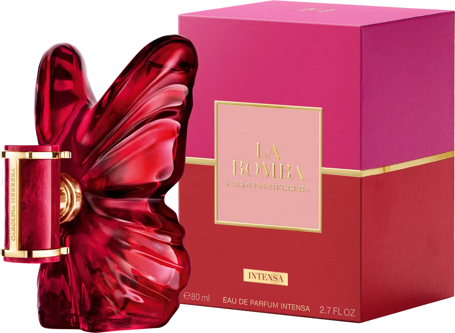 Frasco de perfume Carolina Herrera La Bomba Intensa em formato escultural e vibrante na cor rosa, e caixa ao lado