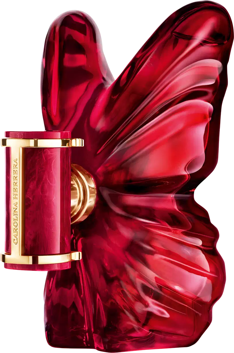 Frasco de perfume Carolina Herrera em formato de borboleta, com tampa dourada e corpo em tom vermelho intenso, destacando-se pela sua forma escultural e elegante.