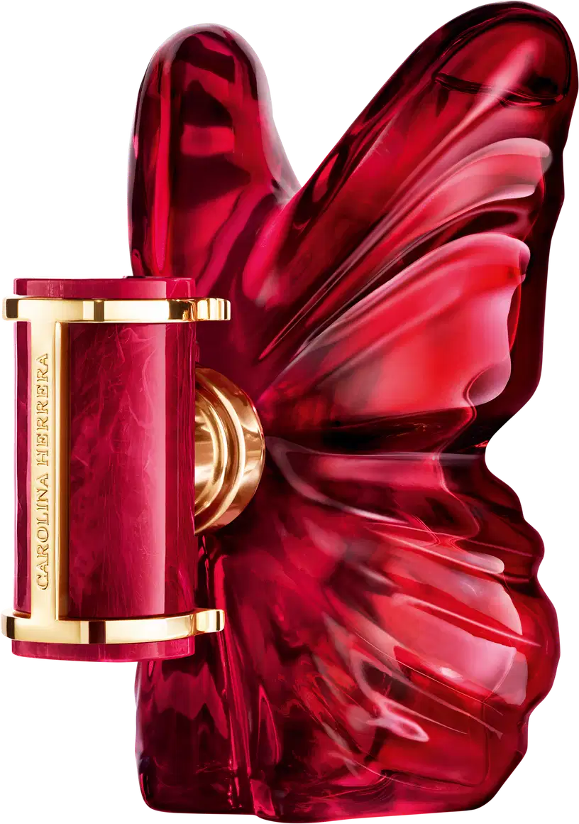 Frasco de perfume Carolina Herrera em formato de borboleta, com tampa dourada e corpo em tom vermelho intenso, destacando-se pela sua forma escultural e elegante.