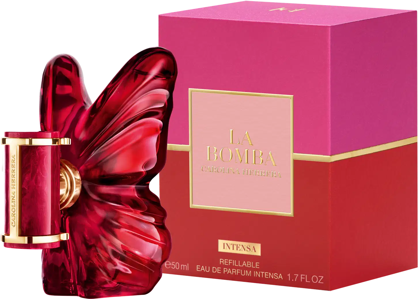 Frasco de perfume Carolina Herrera La Bomba Intensa em formato escultural e vibrante na cor rosa, e caixa ao lado