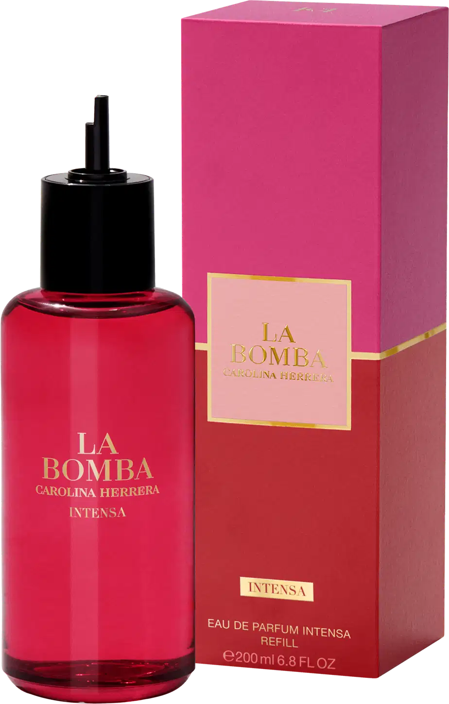 Frasco de refil de perfumaria da marca Carolina Herrera, na cor vermelha intensa, com rótulo dourado destacando o nome "La Bomba Intensa", embalado em caixa rosa vibrante.