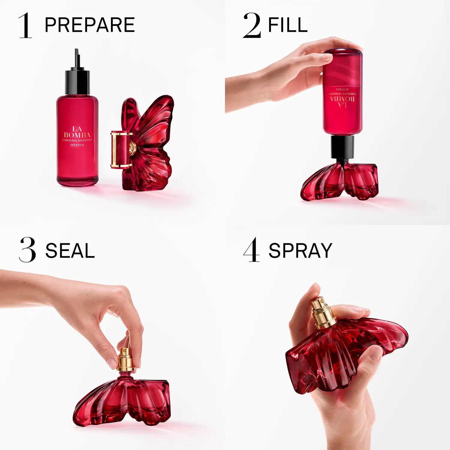 Imagem promocional da fragrância La Bomba da marca Carolina Herrera, com instruções de uso do refil em quatro etapas: preparar, encher, selar e aplicar o perfume em um frasco de vidro vermelho brilhante.