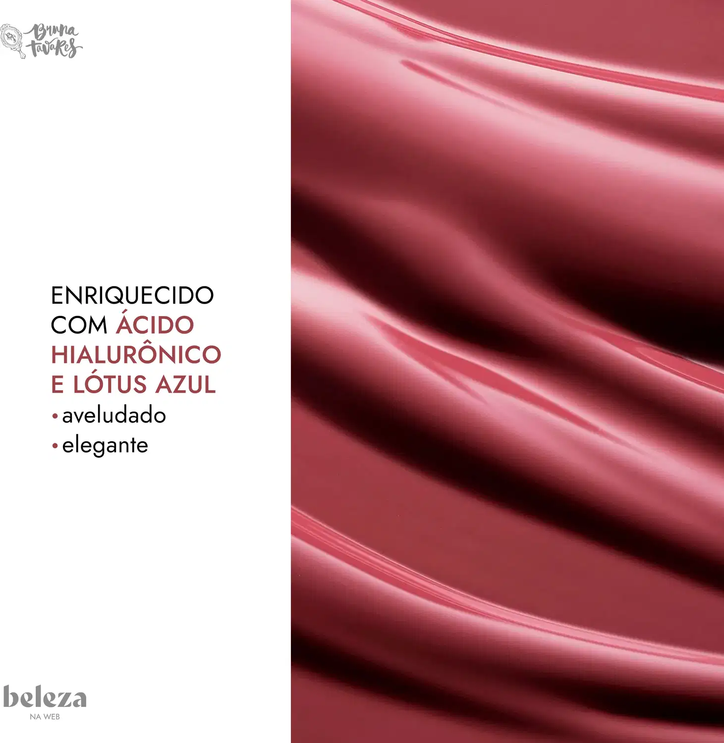 Textura do blush com texto "Enriquecido com ácido hialurônico e lótus azul", destacando que o produto é aveludado e elegante.