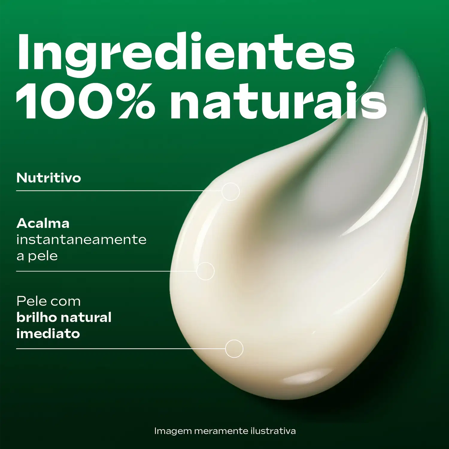 Textura da loção em destaque, com texto que diz: ingredientes 100% naturais, nutritivo, acalma instantaneamente a pele, pele com brilho natural imediato.