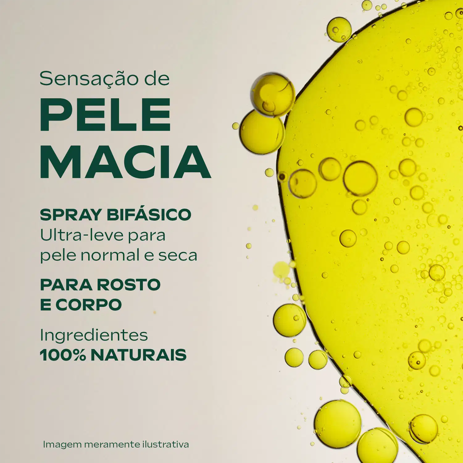 Texto diz: sensação de pele macia. Spray bifásico ultra-leve para pele normal e seca. Para rosto e corpo. Ingredientes 100% naturais.