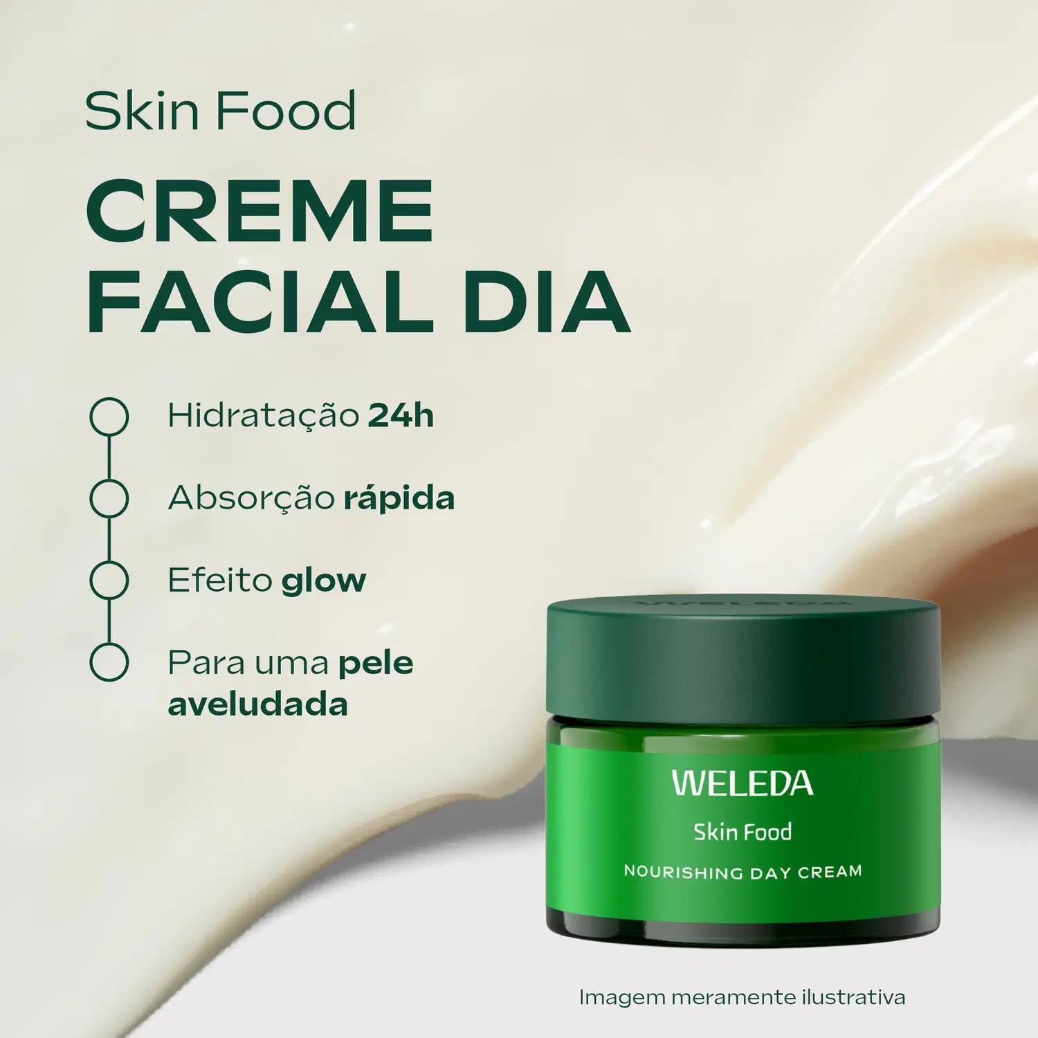 Embalagem do creme facial Weleda Skin Food Dia, com o texto: hidratação 24h, absorção rápida, efeito glow, para uma pele aveludada.