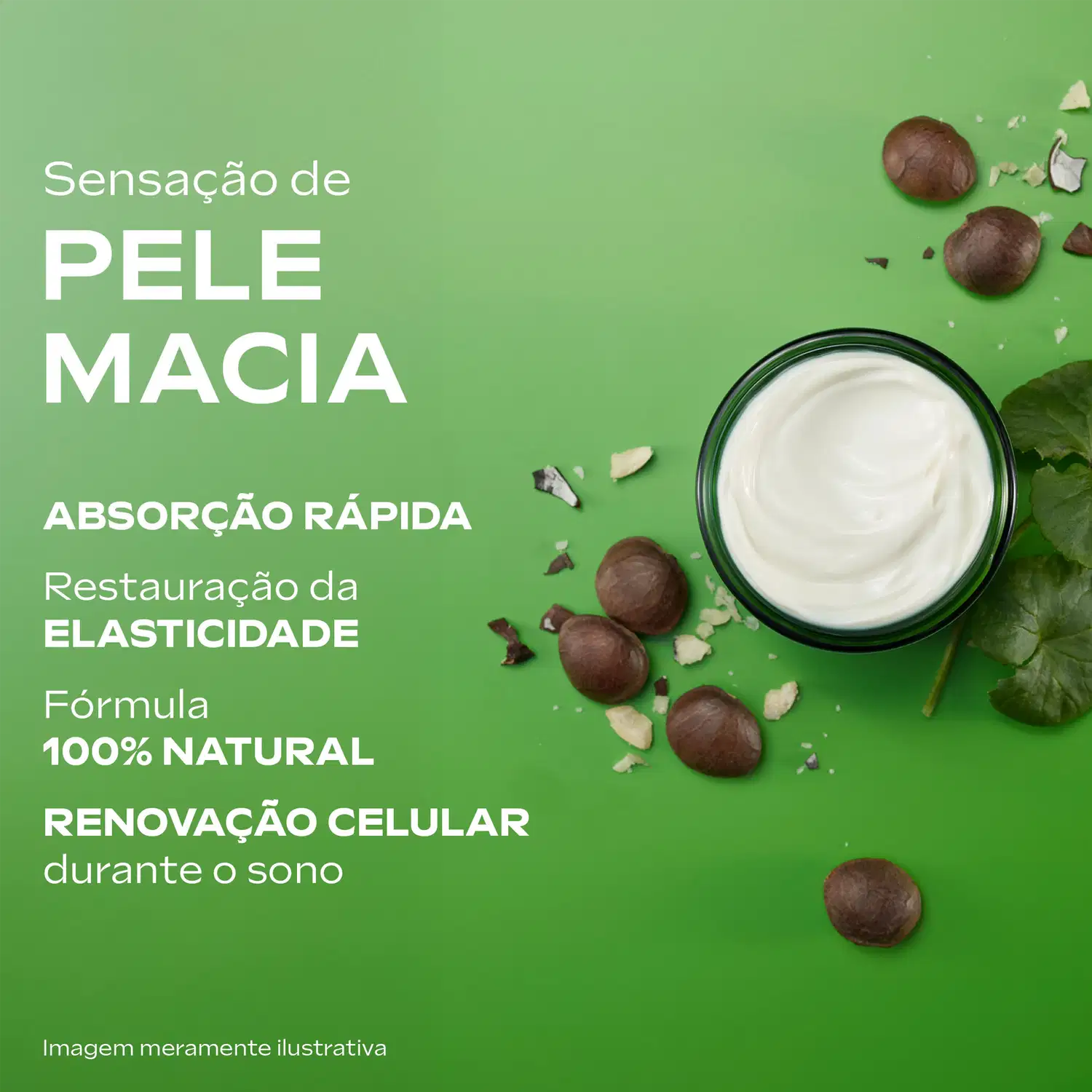 Creme visto de cima, com o texto: "sensação de pele macia, absorção rápida, restauração da elasticidade, fórmula 100% natural, renovação celular durante o sono".