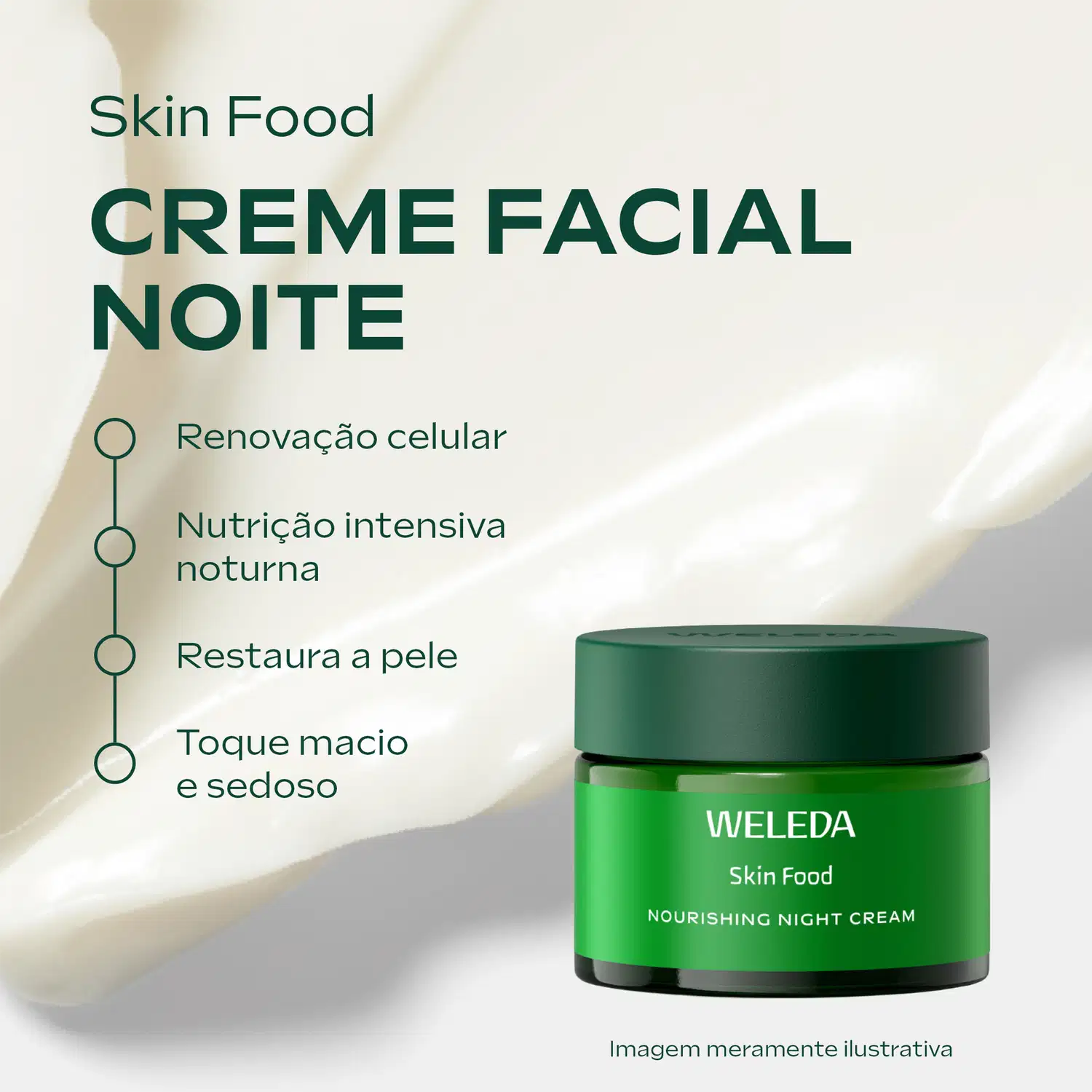Embalagem do creme facial Weleda Skin Food Noite, com o texto: renovação celular, nutrição intensiva noturna, restaura a pele, toque macio e sedoso.