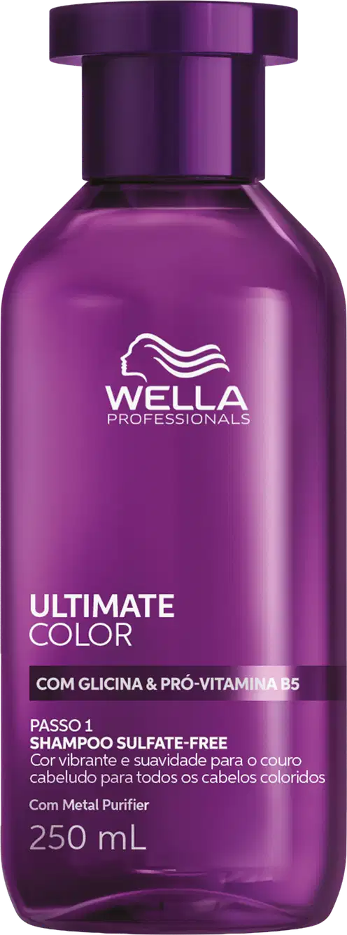 Frasco de shampoo da linha Ultimate Color da Wella Professionals, com 250 ml, em embalagem roxa com detalhes em branco, contendo informações sobre a fórmula com glicina e pró-vitamina B5.