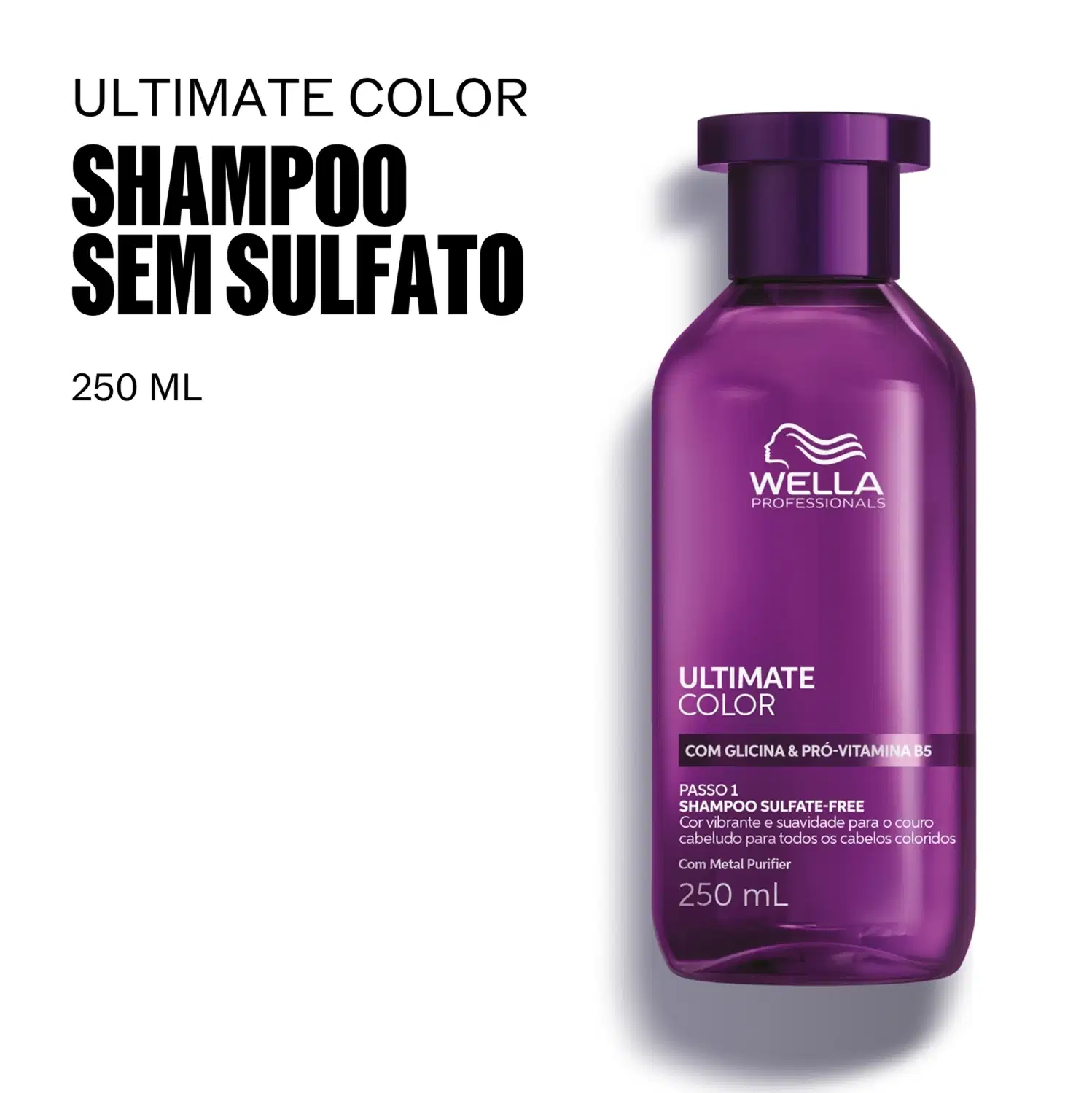 Frasco de shampoo sem sulfato da linha Ultimate Color da Wella Professionals, com 250 ml de capacidade, em embalagem roxa com detalhes em branco, destacando a presença de glicina e pró-vitamina B5 na fórmula.