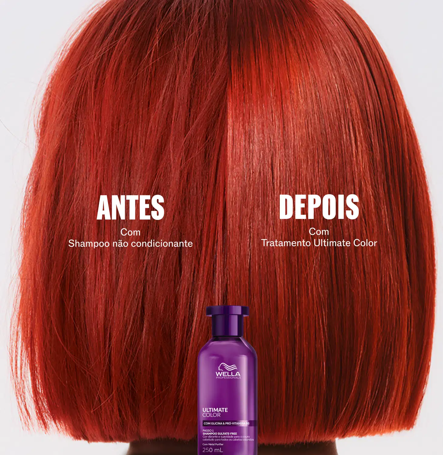 A imagem mostra um tratamento de cor de cabelo da marca Wella Professionals, com o produto Ultimate Color destacado em uma embalagem roxa. O antes e depois do tratamento são exibidos, com o cabelo vermelho brilhante após a aplicação do produto.