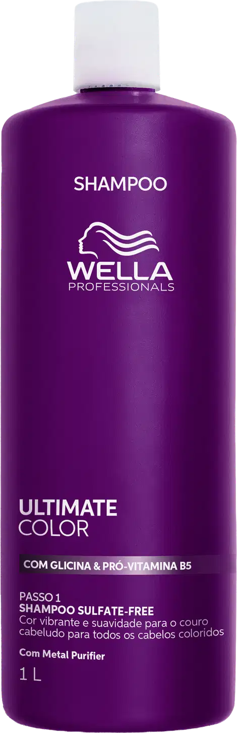 Frasco de shampoo da linha Ultimate Color da Wella Professionals, com 1 litro, em embalagem roxa com detalhes em branco, contendo informações sobre a fórmula com glicina e pró-vitamina B5.