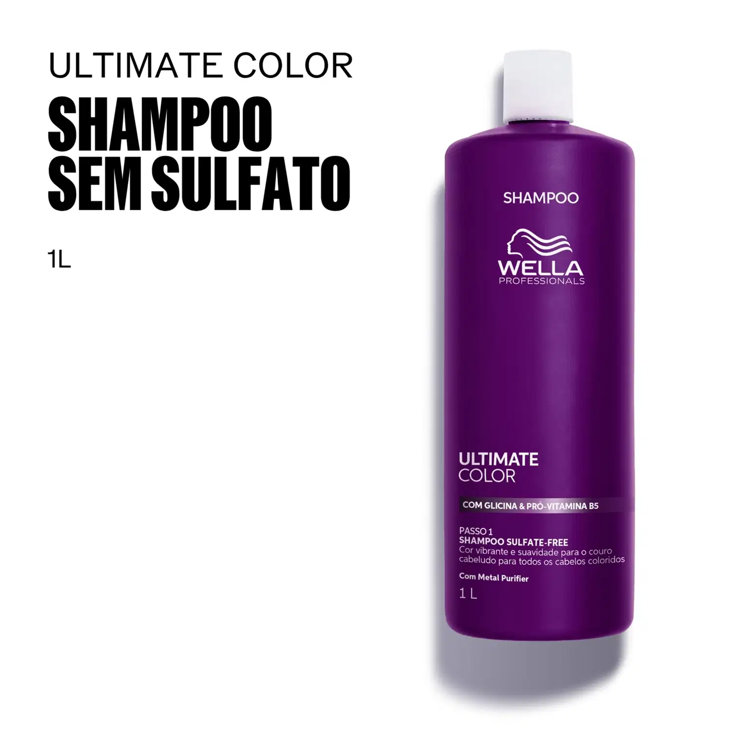 Frasco de shampoo sem sulfato da linha Ultimate Color da Wella Professionals, com 1 litro de capacidade, em embalagem roxa com detalhes em branco, destacando a presença de glicina e pró-vitamina B5 na fórmula.