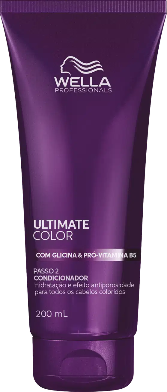 Frasco de condicionador da linha Ultimate Color da Wella Professionals, com 200 ml de volume, embalagem roxa com logo da marca, contendo informações sobre os benefícios do produto.