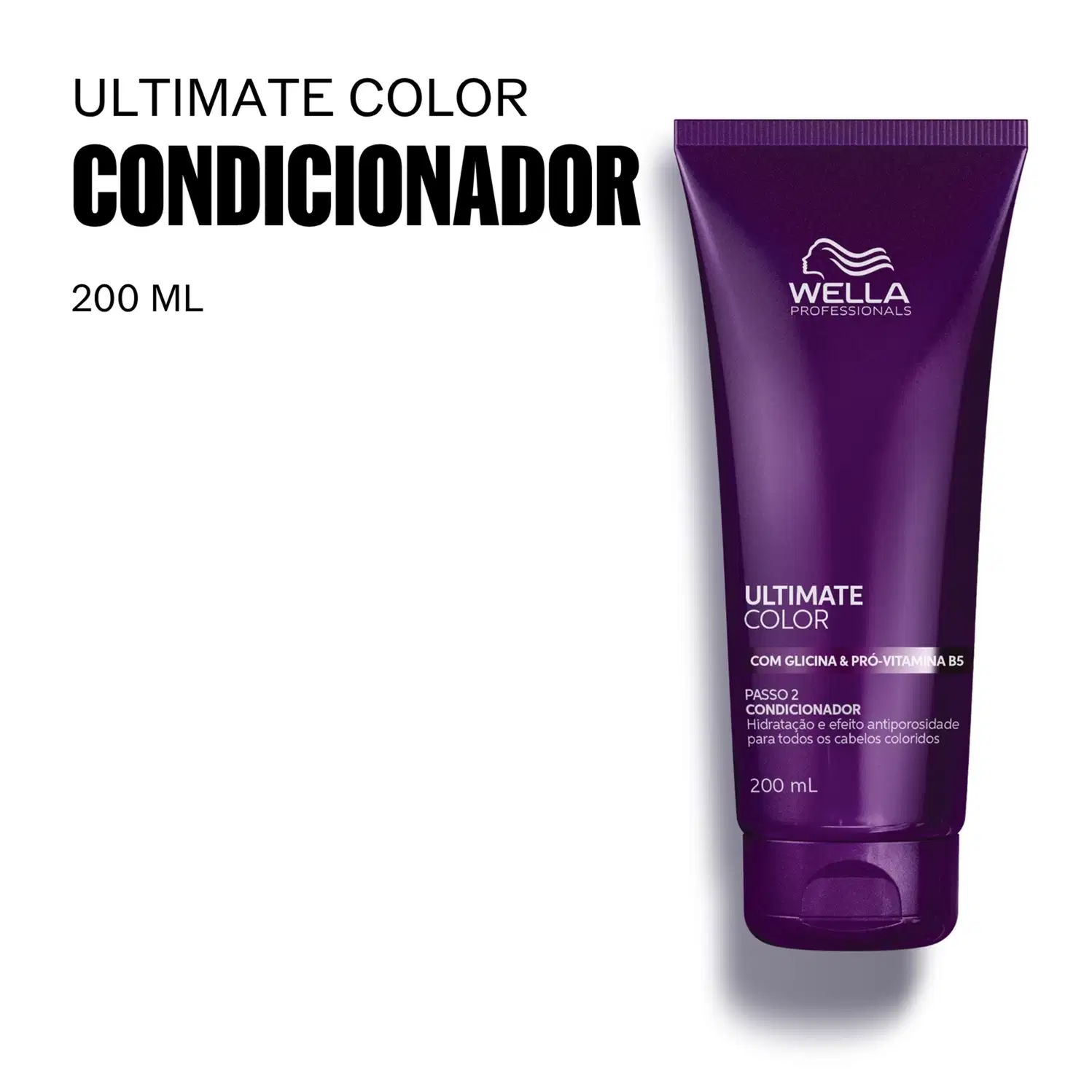 Condicionador Ultimate Color da Wella Professionals, em embalagem de 200 ml, com fórmula enriquecida com glicina e pró-vitamina B5 para cabelos coloridos.