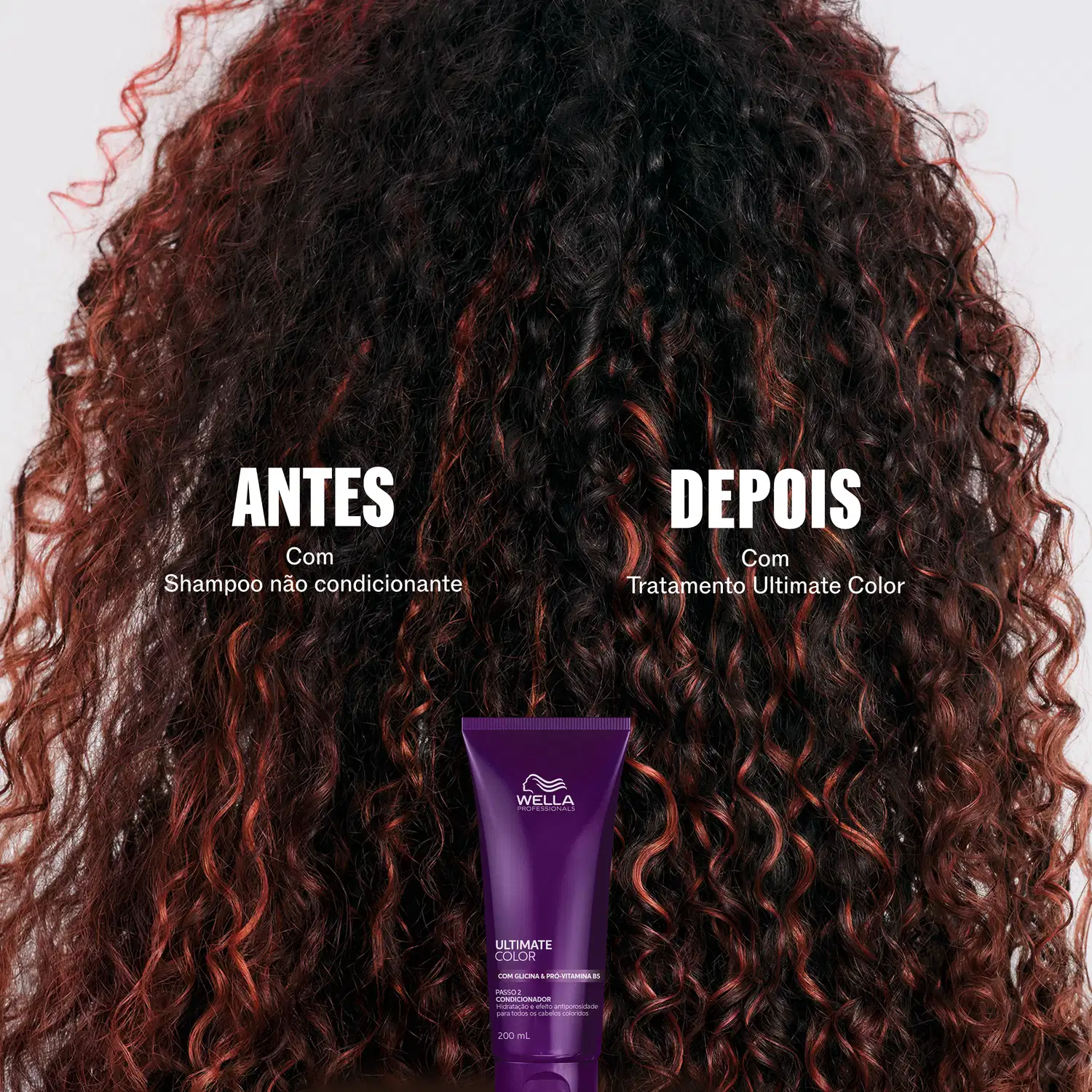 A imagem mostra um tratamento de cor de cabelo da marca Wella Professionals, com o produto Ultimate Color destacado em uma embalagem roxa. O antes e depois do tratamento são exibidos, com o cabelo cacheado hidratado após a utilização do condicionador